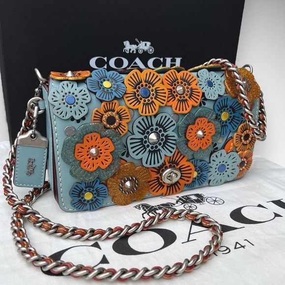 AUTH Coach 1941 Dinky with Glitter Tea Rose Bag, Dust Bag, Gift Box Steel Blue - Picture 4 of 16